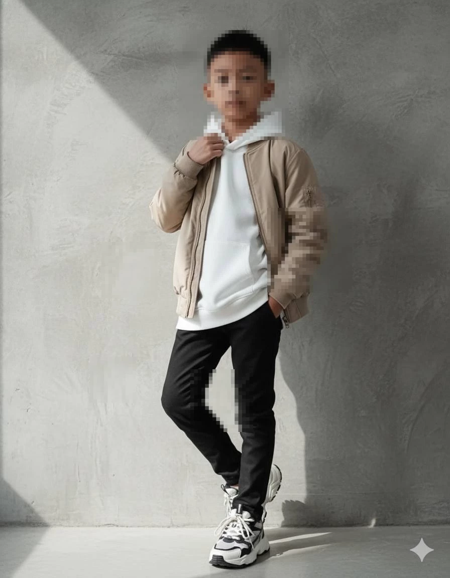 Stylish boy in beige jacket white hoodie and black pants posing confidently indoors