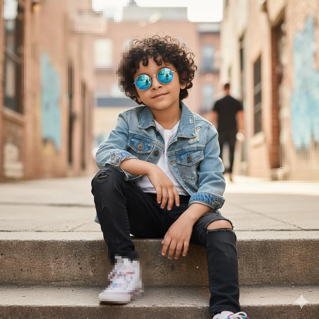 Stylish Boy in Denim Jacket and Sunglasses Sitting on City Street Steps