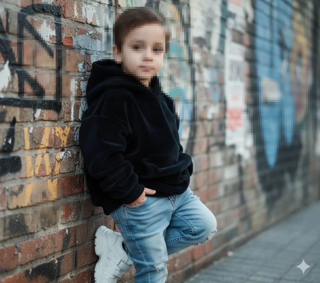 Stylish Little Boy in Urban Streetwear Posing Against Graffiti Brick Wall