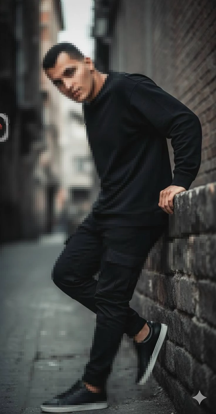 Stylish man in all-black outfit posing confidently in an urban street setting