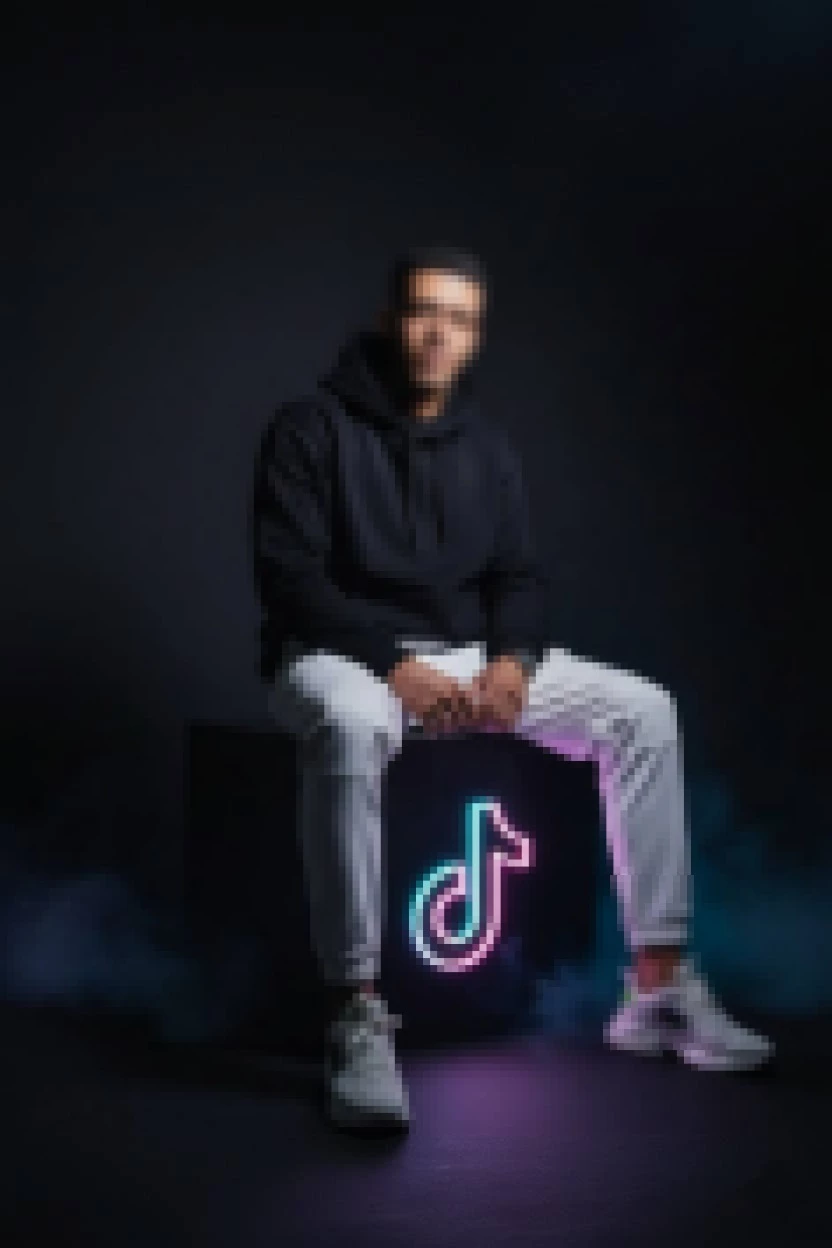 Stylish Man in Black Hoodie Sitting Beside Neon TikTok Logo in Dark Studio