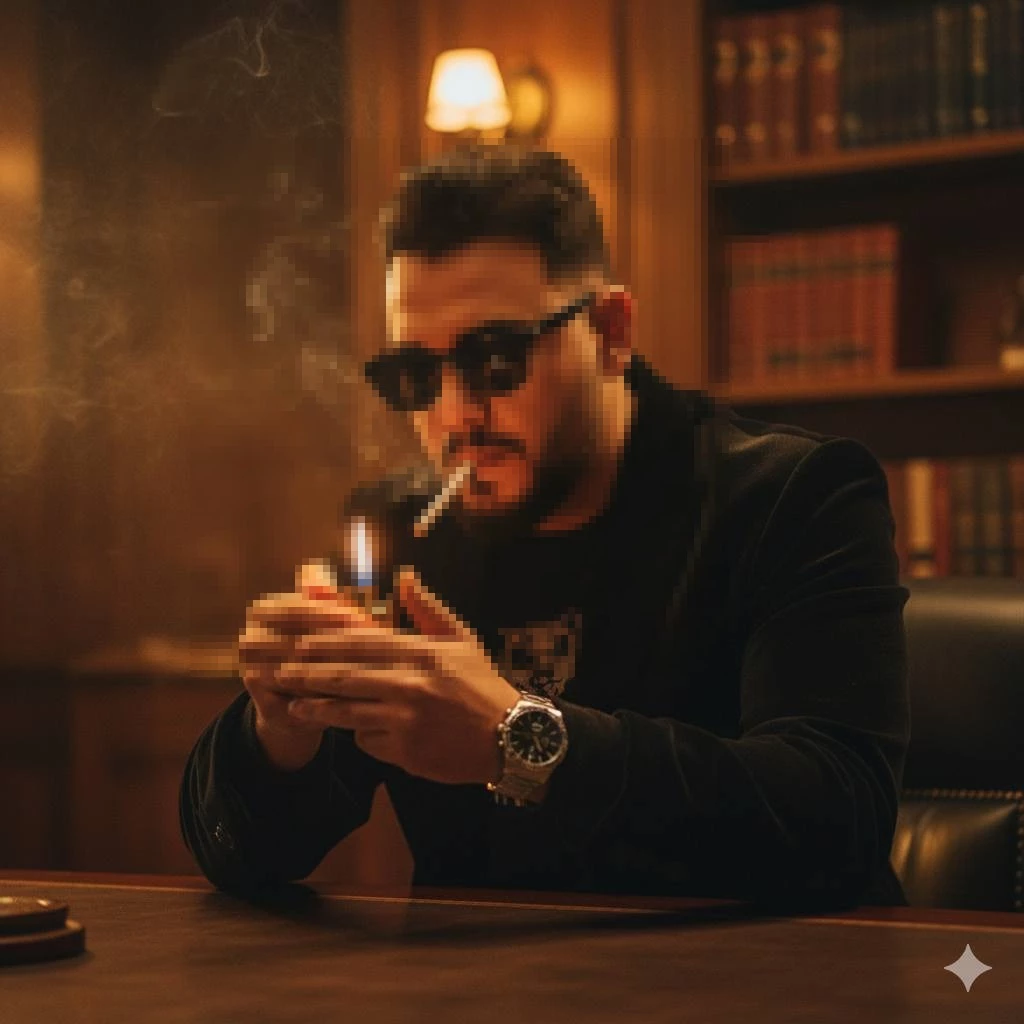 Stylish man in black lighting a cigarette in a warm vintage library setting