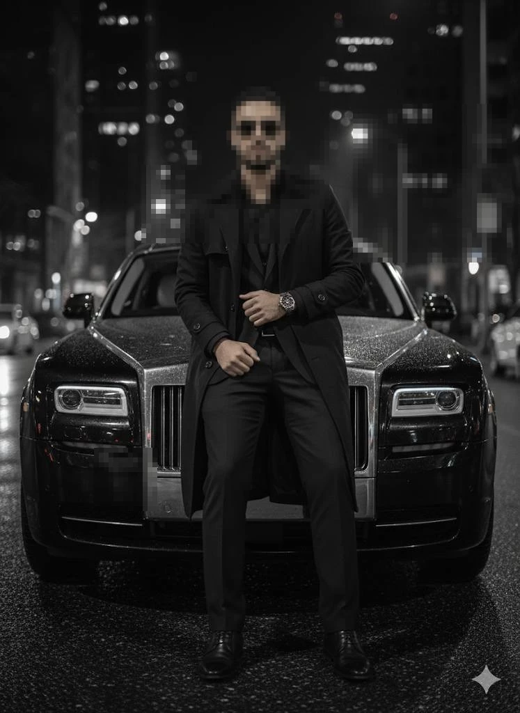 Stylish Man in Black Outfit Standing Confidently in Front of Luxury Car at Night