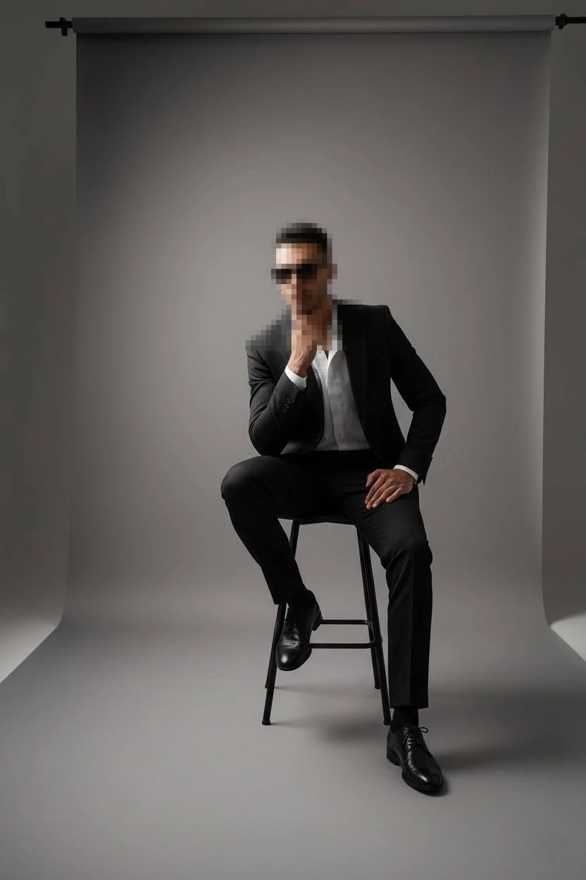 Stylish Man in Black Suit and Sunglasses Sitting Confidently in Studio