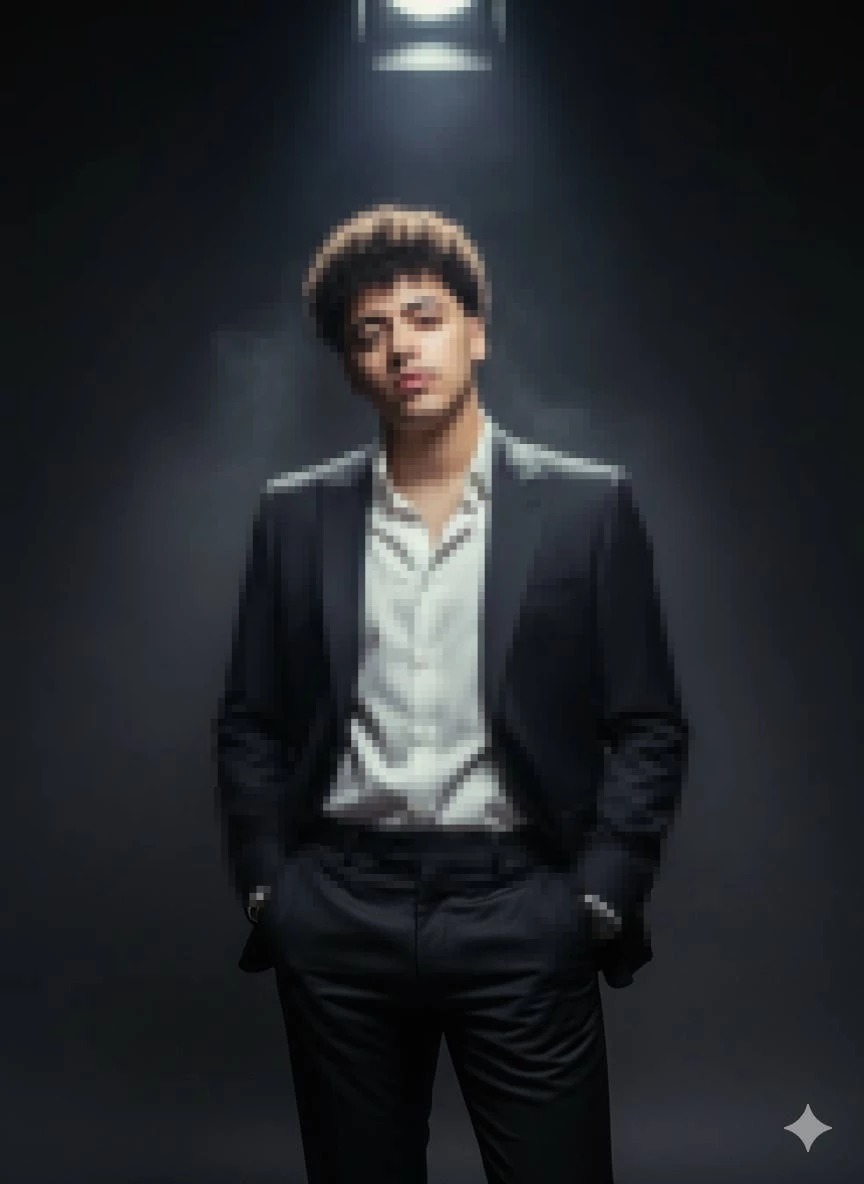 Stylish Man in Black Suit Under Dramatic Studio Spotlight