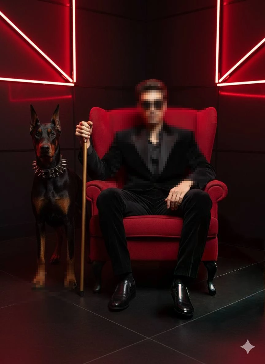 Stylish man in black velvet suit sitting with Doberman under red neon lights
