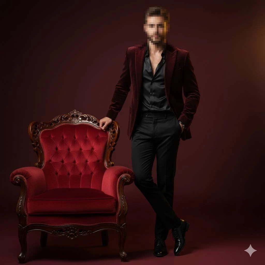 Stylish man in burgundy velvet blazer posing beside a luxurious red armchair