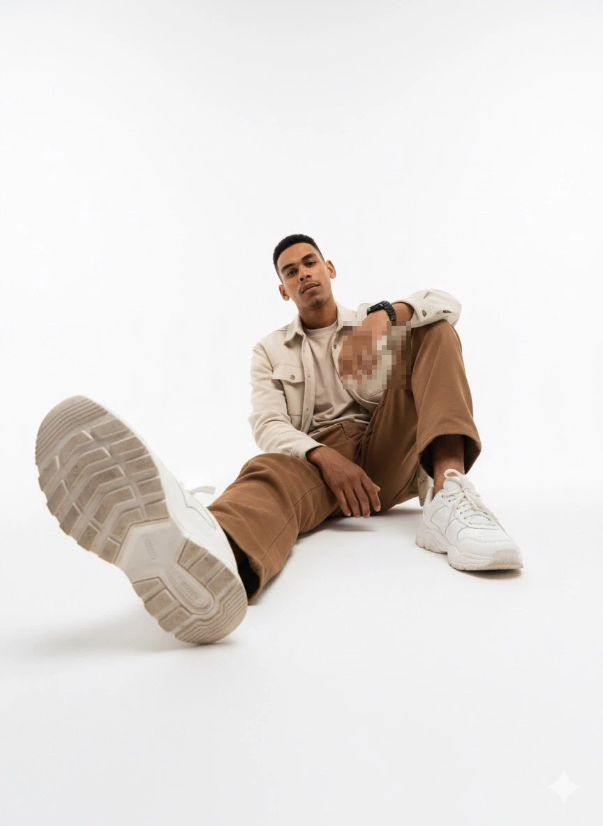 Stylish Man in Casual Beige Outfit Sitting Confidently in Minimalist Studio