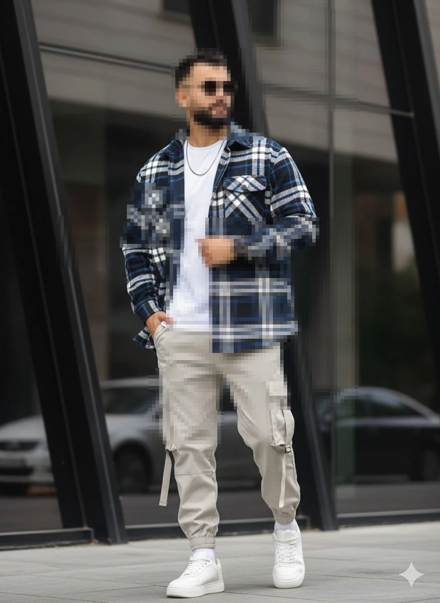 Stylish Man in Checkered Shirt and Cargo Pants Walking in the City