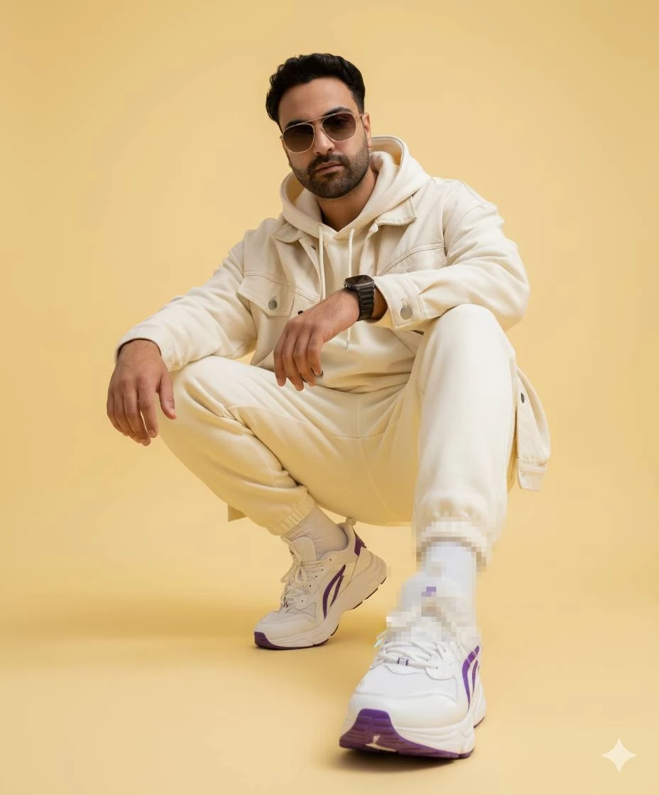 Stylish man in cream outfit and sunglasses posing confidently on yellow background