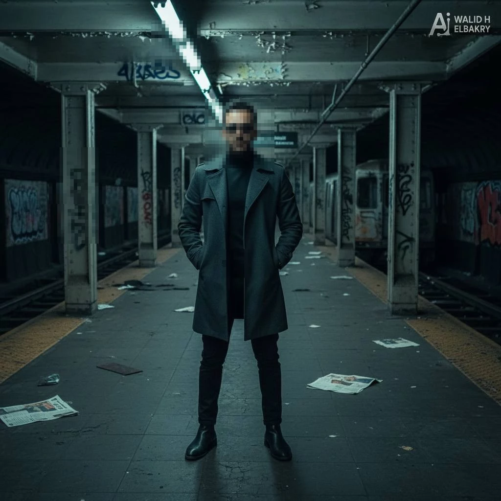 Stylish Man in Dark Coat Standing Confidently in Empty Subway Station