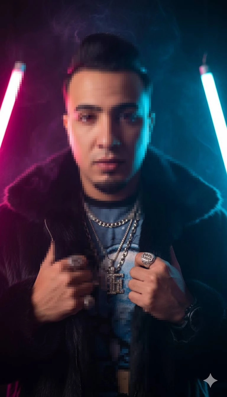 Stylish Man in Fur Coat with Neon Lights and Silver Jewelry