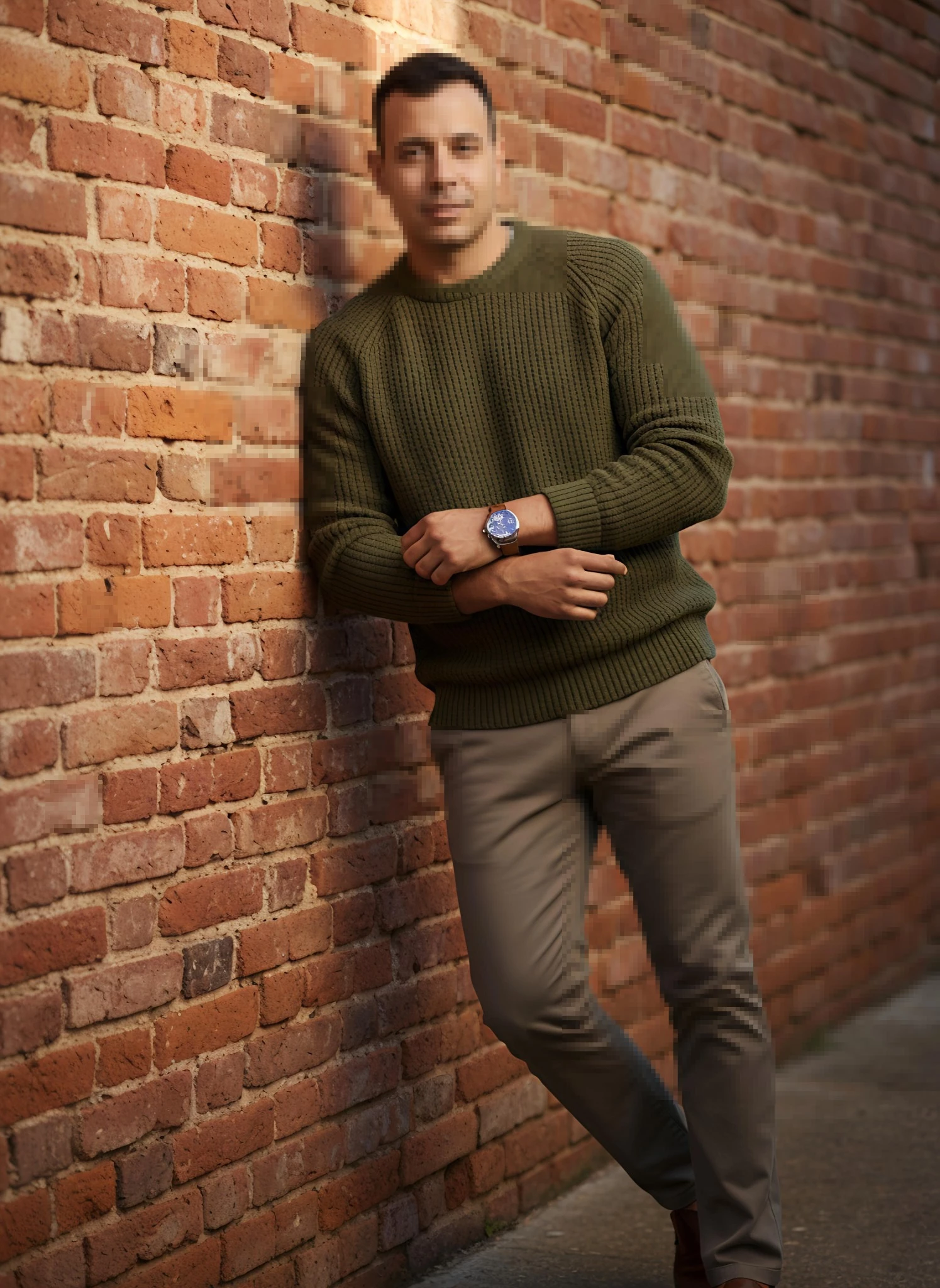Stylish Man in Olive Green Sweater Leaning Against Brick Wall Outdoors