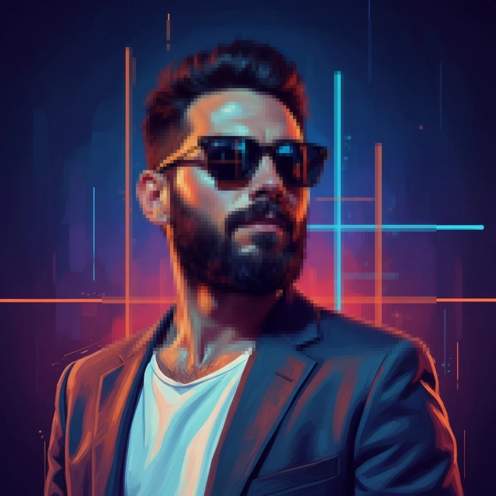 Stylish man in sunglasses with neon cyberpunk background lighting