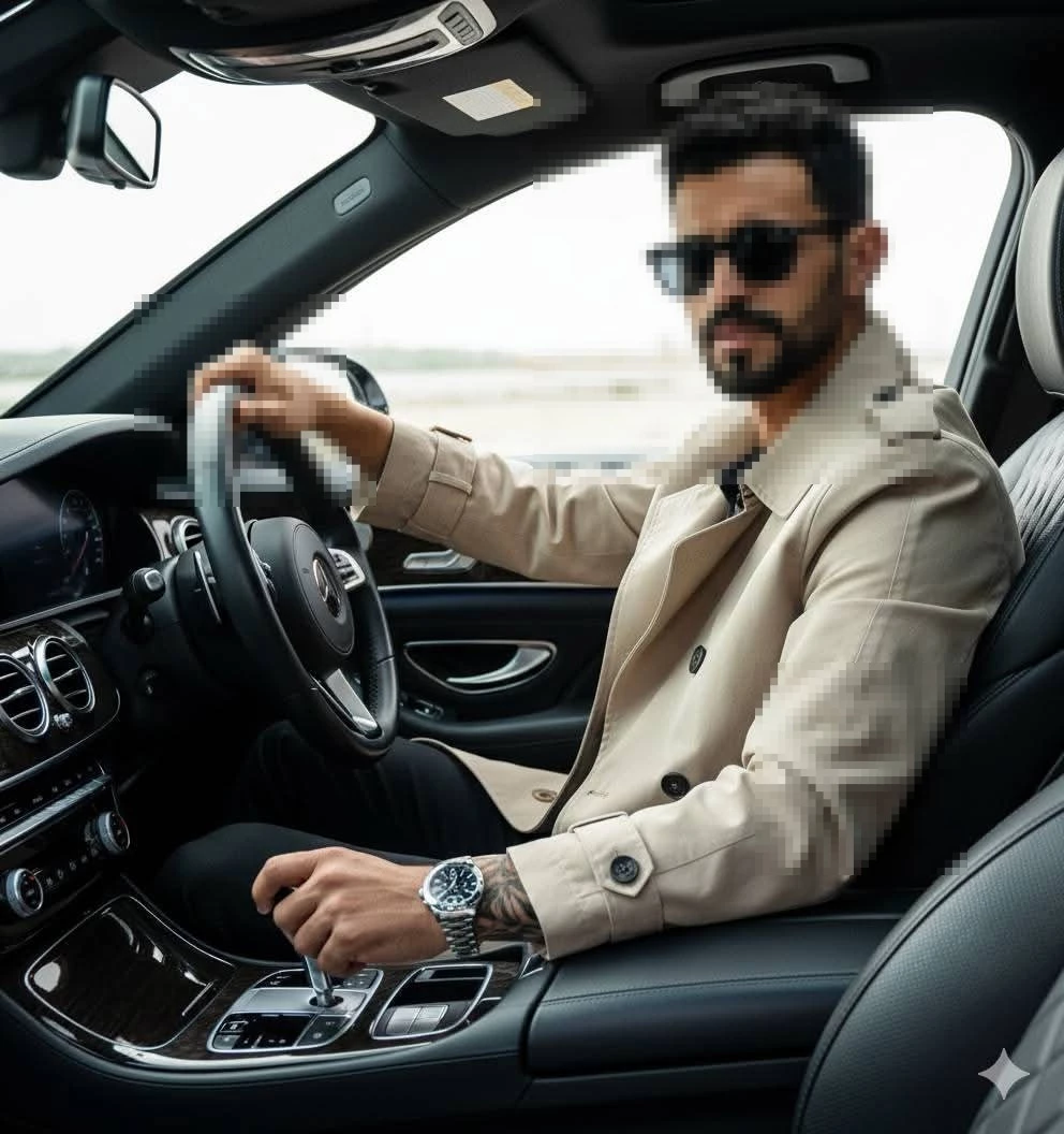 Stylish man in trench coat driving luxury car with sunglasses and wristwatch