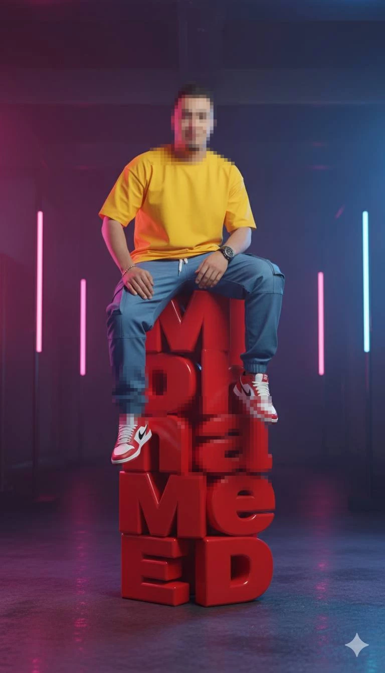 Stylish Man in Yellow Shirt Sitting on Red 3D Letters with Neon Lights