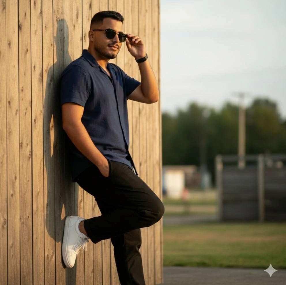 Stylish Man Leaning Against Wooden Wall Wearing Blue Shirt and Sunglasses