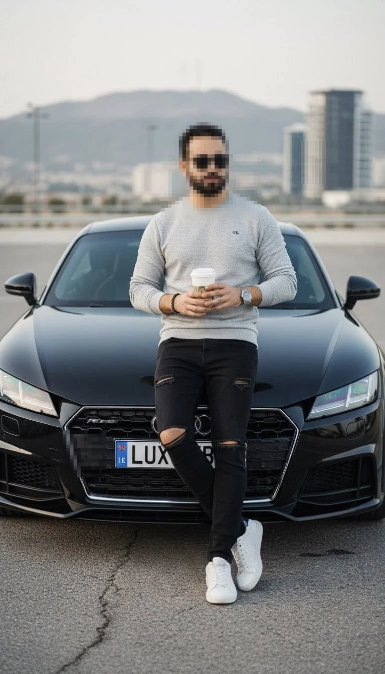 Stylish man leaning on black luxury car wearing grey sweater and sunglasses