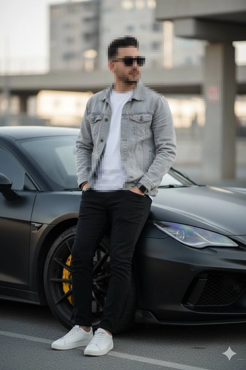 Stylish man posing by a matte black sports car in urban city background