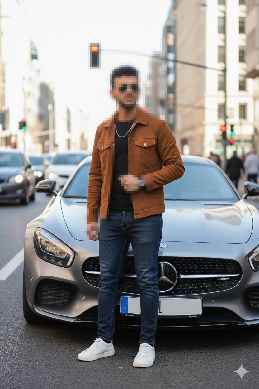 Stylish man posing confidently in front of a luxury silver Mercedes in the city