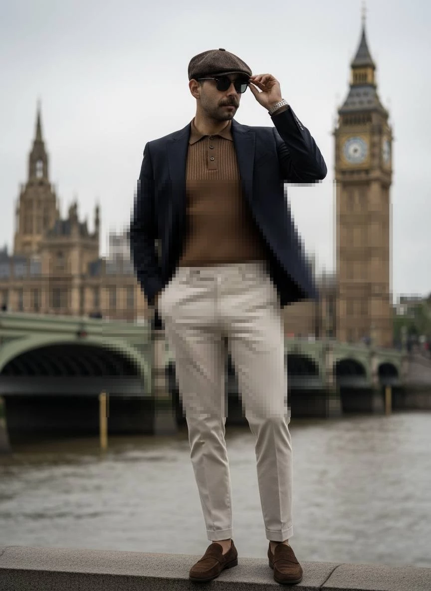 Stylish Man Posing in London with Big Ben in the Background