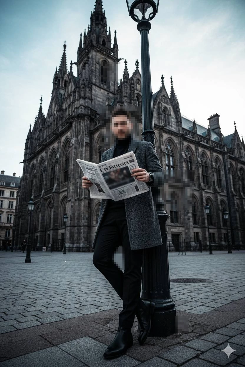 Stylish Man Reading Newspaper in Front of Historic Gothic Cathedral