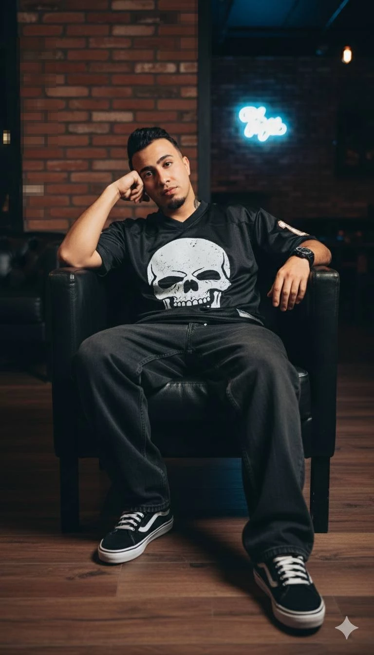 Stylish Man Sitting in Black Armchair Wearing Skull Shirt in Modern Lounge