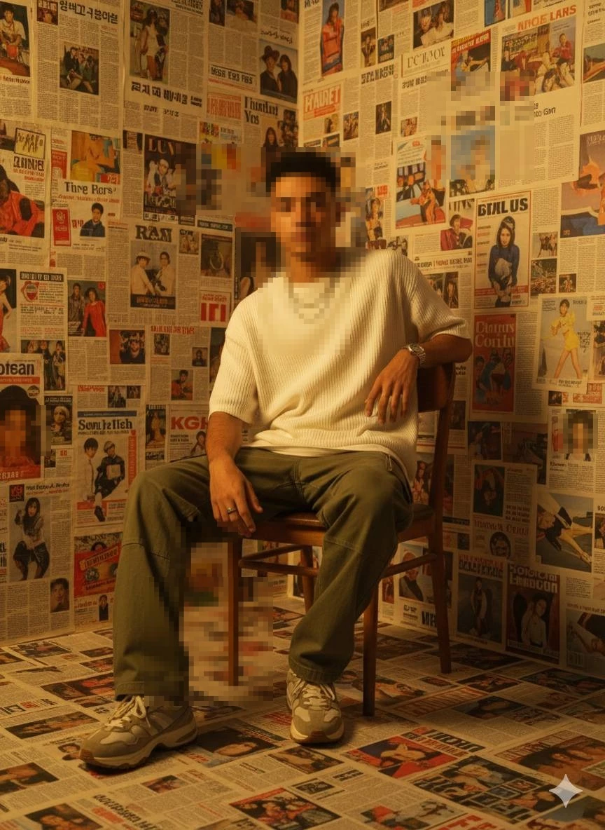 Stylish Man Sitting in Vintage Newspaper Room with Warm Golden Lighting