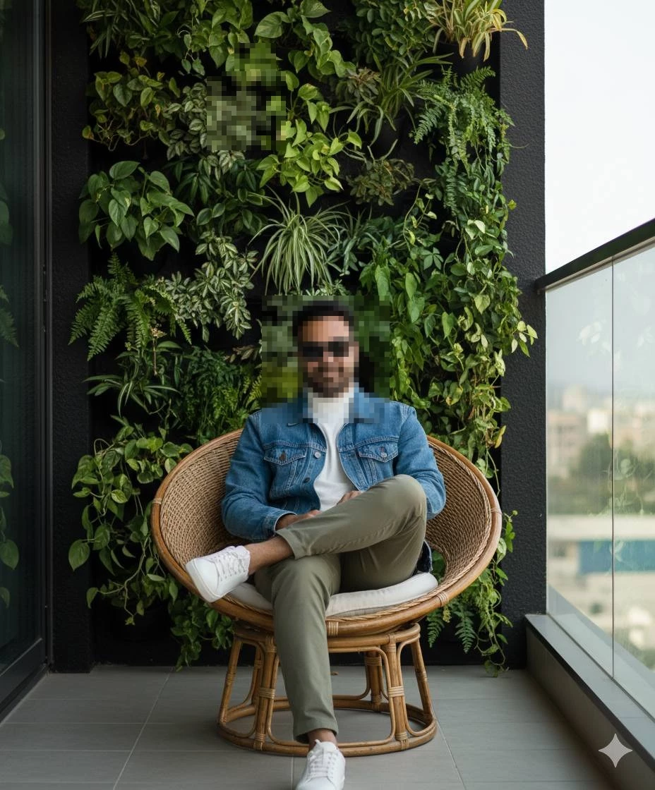 Stylish man sitting on balcony chair wearing denim jacket surrounded by green plants