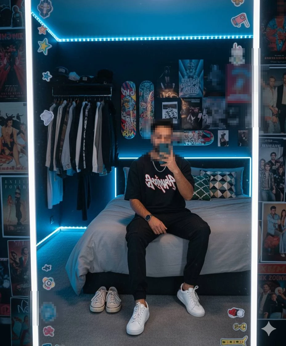Stylish man taking mirror selfie in modern blue LED bedroom with streetwear style