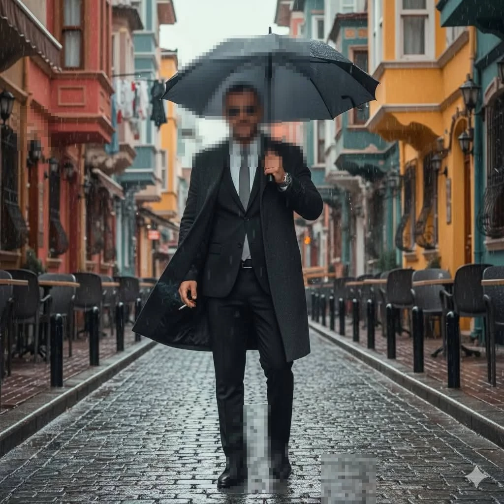 Stylish Man Walking in the Rain with Umbrella on a Colorful City Street