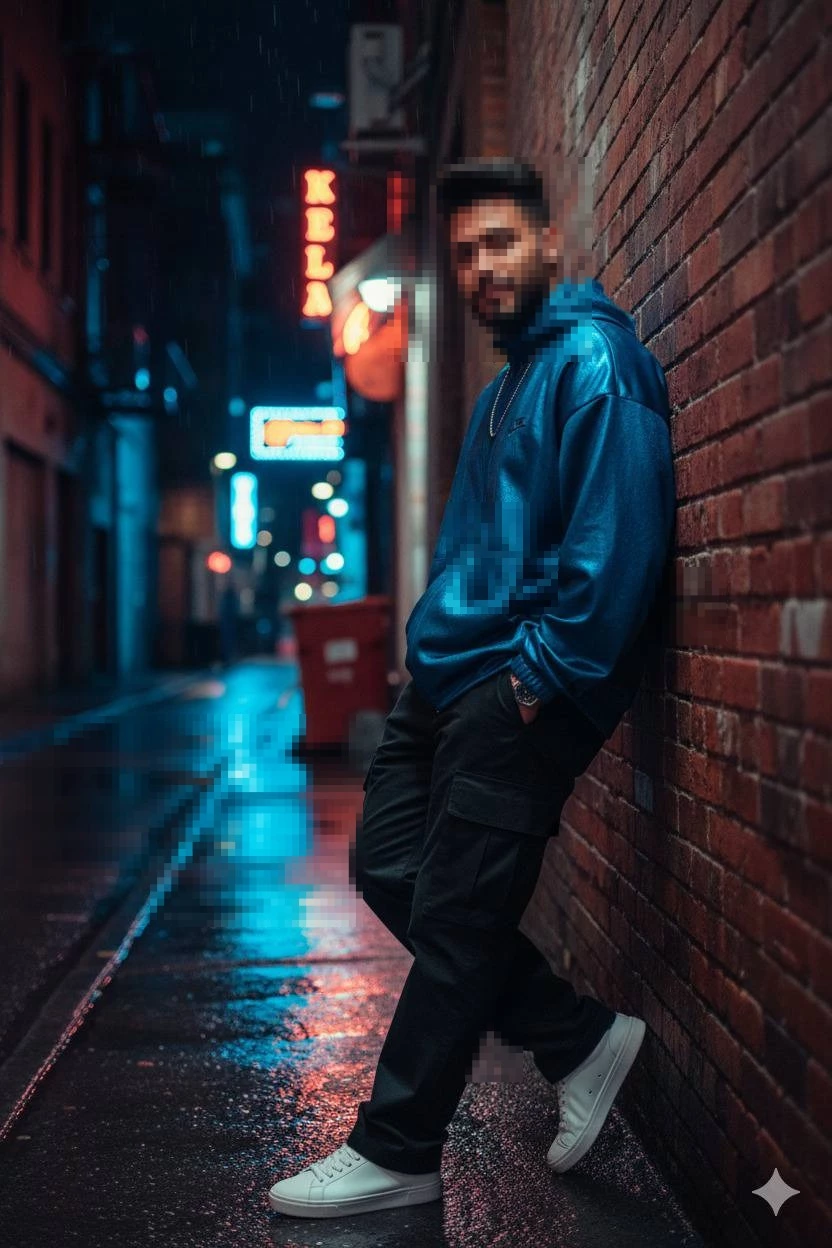 Stylish Night Street Portrait with Neon Reflections and Urban Vibes