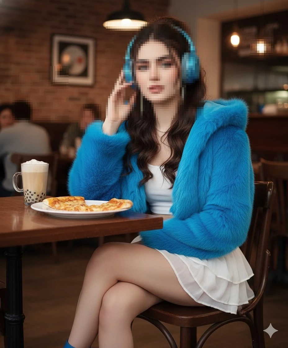 Stylish woman in blue fur jacket listening to music at a cozy café