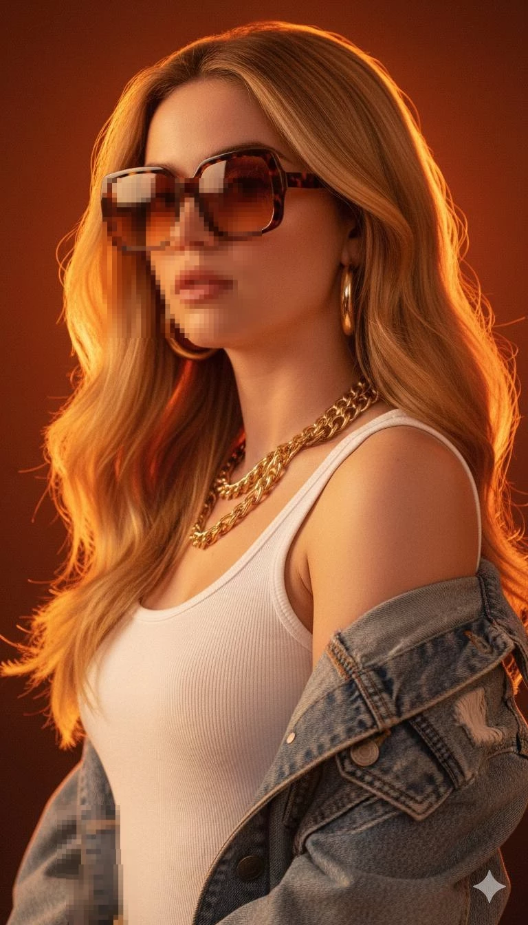 Stylish woman in white top and denim jacket wearing sunglasses and gold jewelry