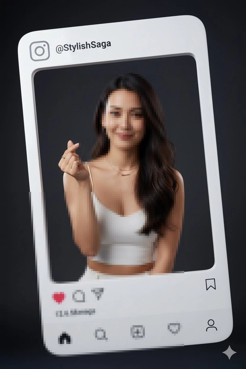 Stylish woman posing in Instagram frame with confident modern look