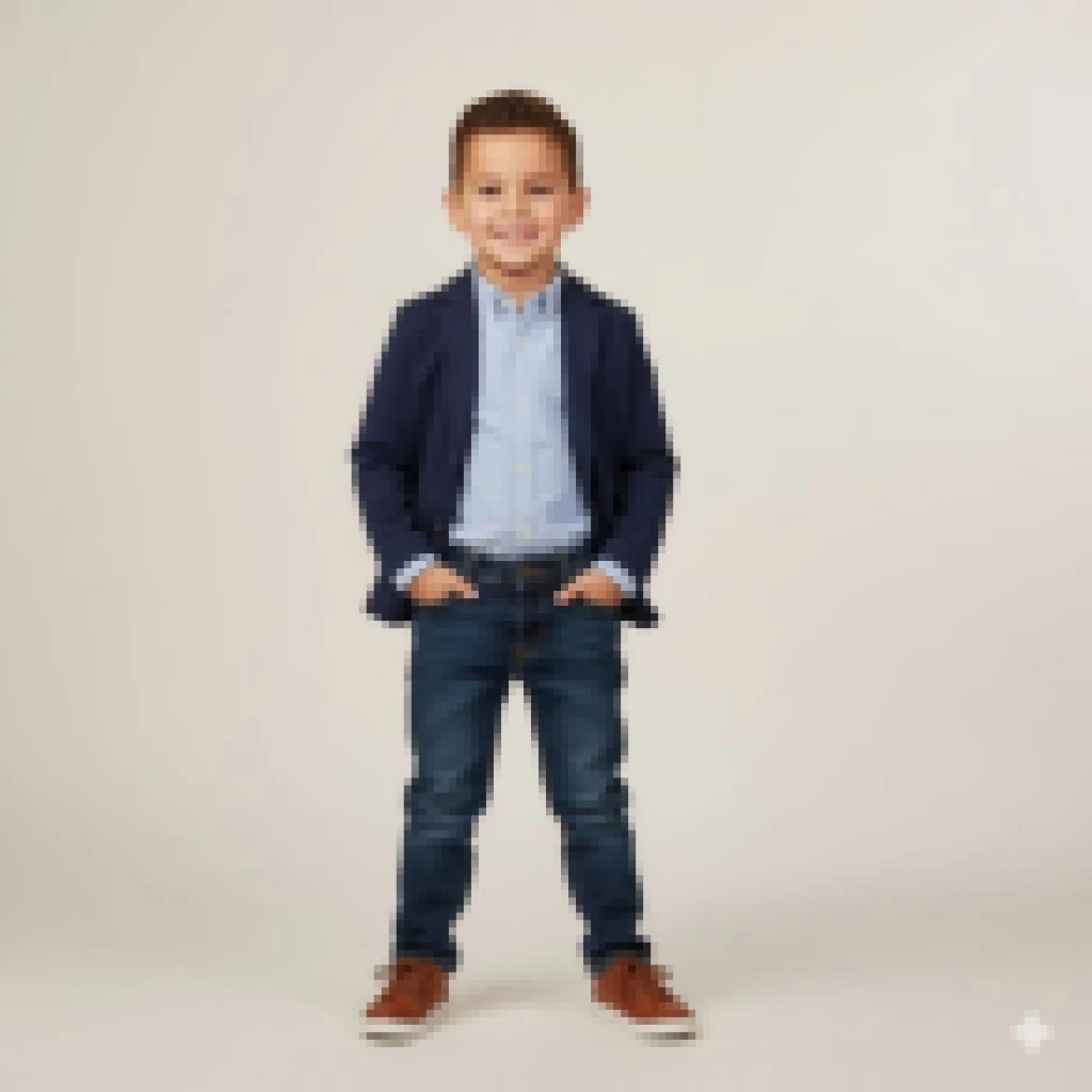 Stylish Young Boy in Blue Blazer and Jeans Smiling in Studio Background