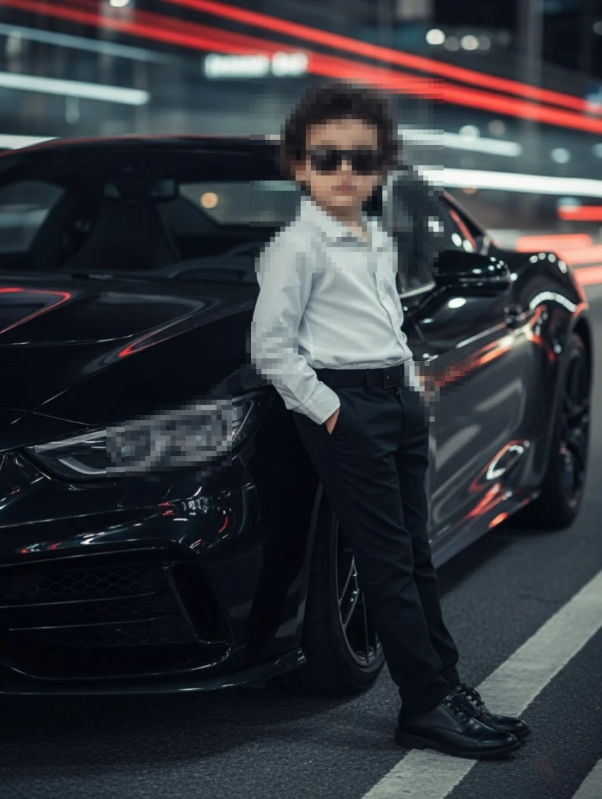 Stylish young boy in sunglasses posing beside black sports car at night