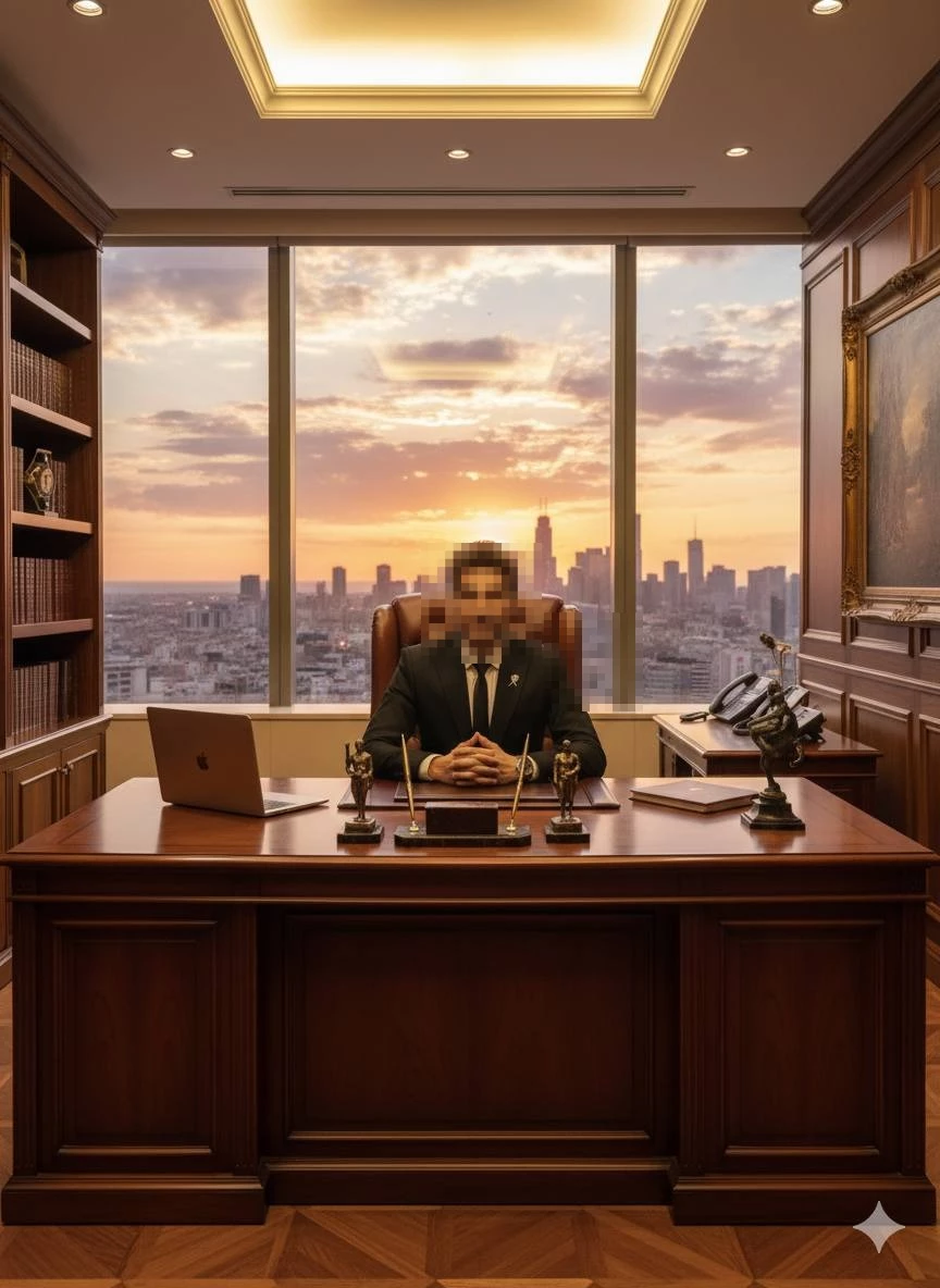 Successful businessman in luxury office with city skyline at sunset