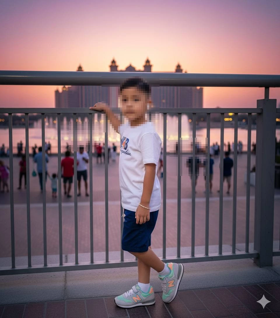 Sunset Portrait of a Young Boy Standing by the Waterfront Railings