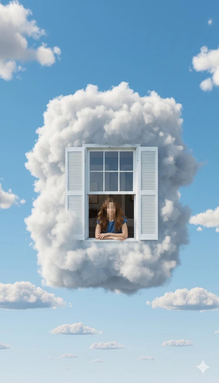 Surreal Dreamscape Portrait of a Woman Looking Through a Window in the Clouds