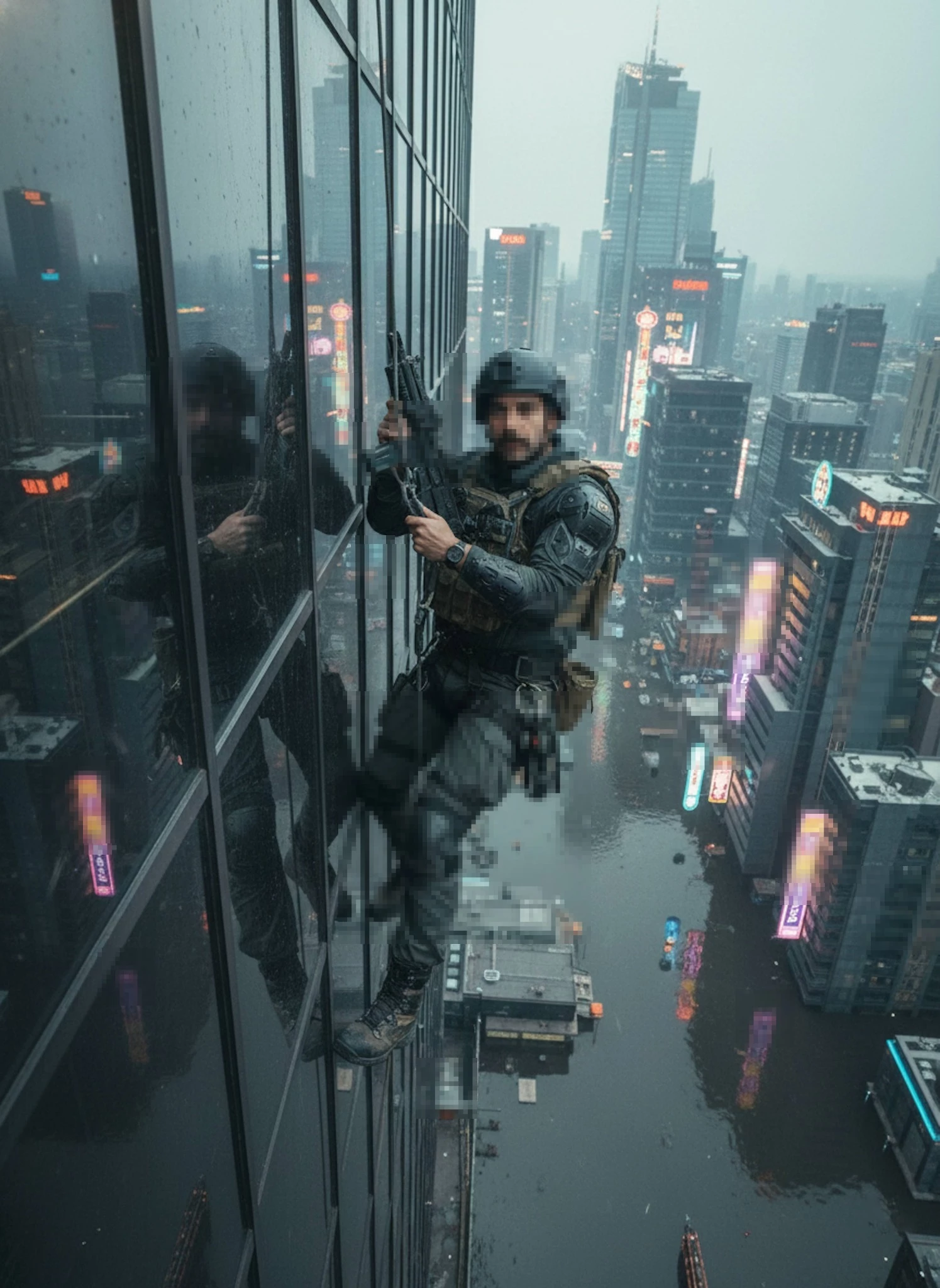 Tactical Soldier Climbing Skyscraper Above Neon Lit Flooded City