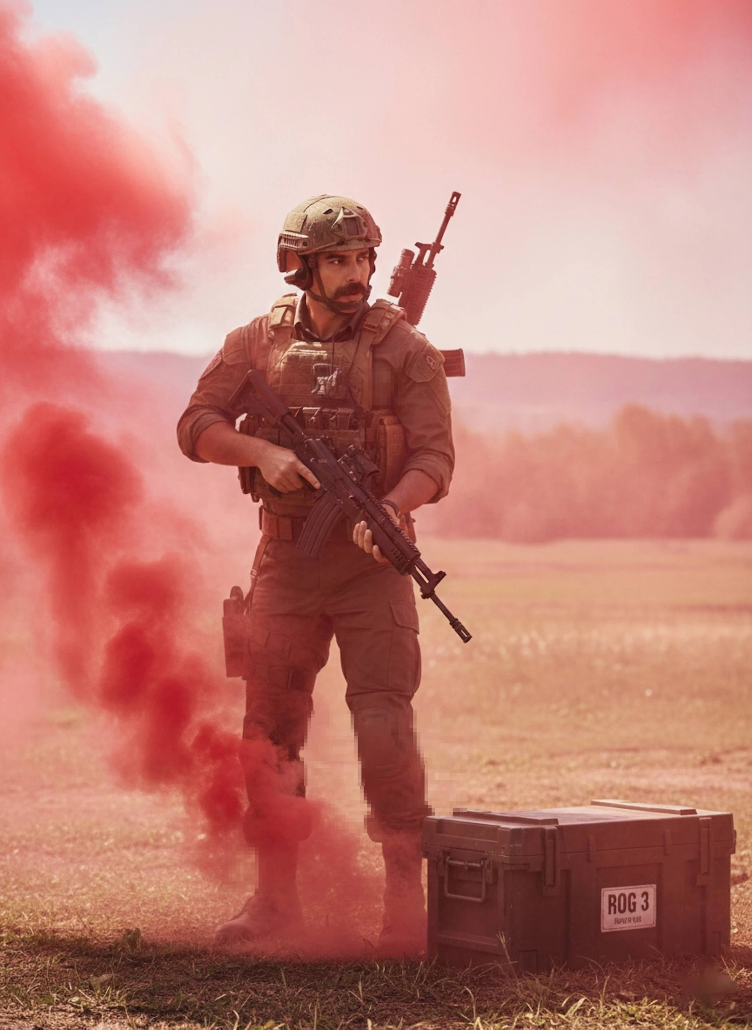 Tactical Soldier in Red Smoke Military Training Field Scene