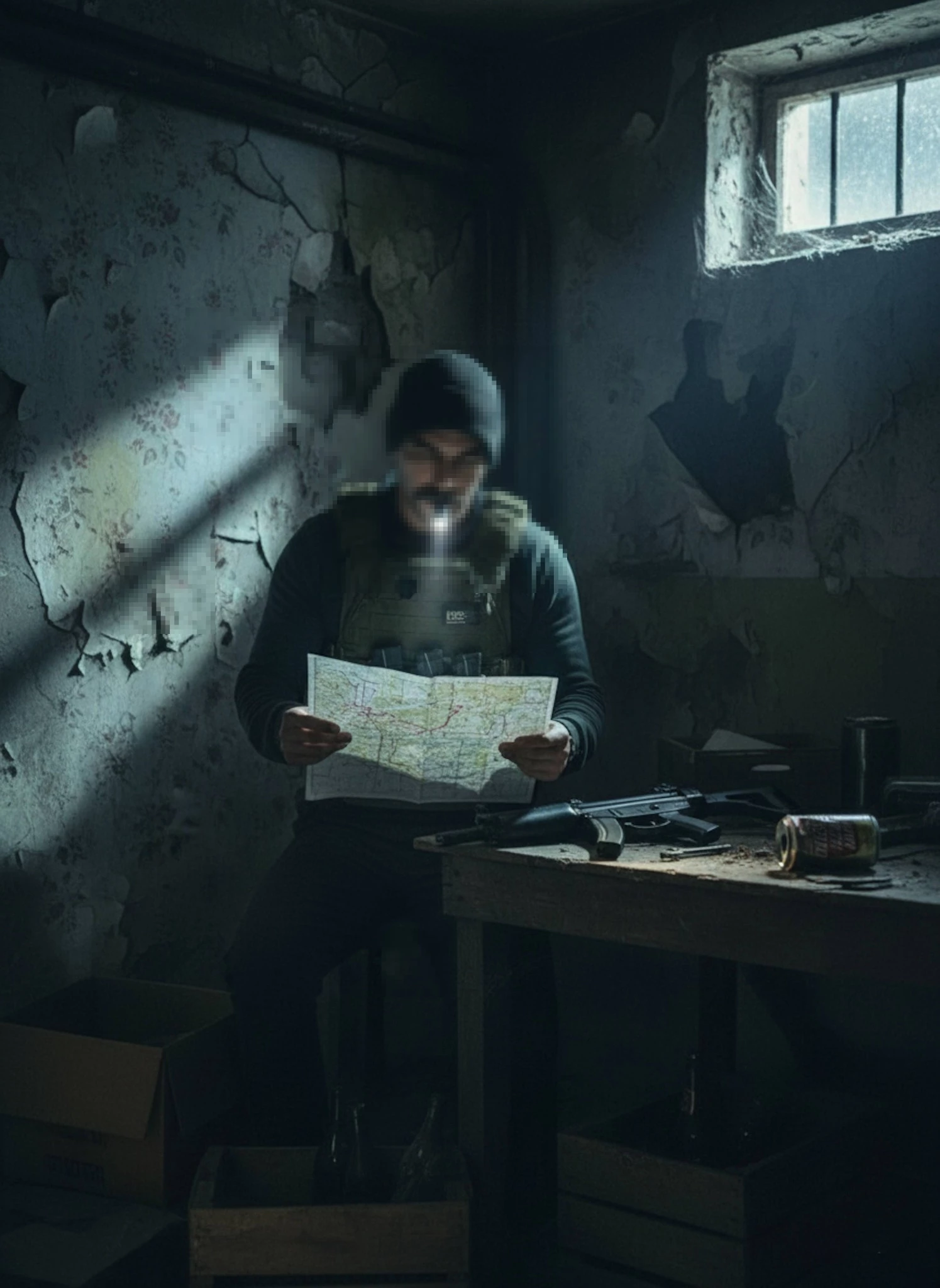 Tactical Soldier Studying Map in Dark Abandoned Room