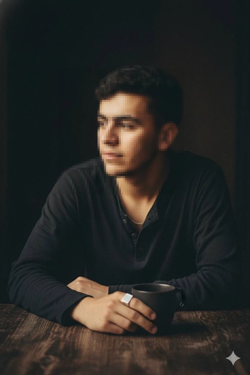 Thoughtful young man sitting at wooden table holding a cup in warm soft light
