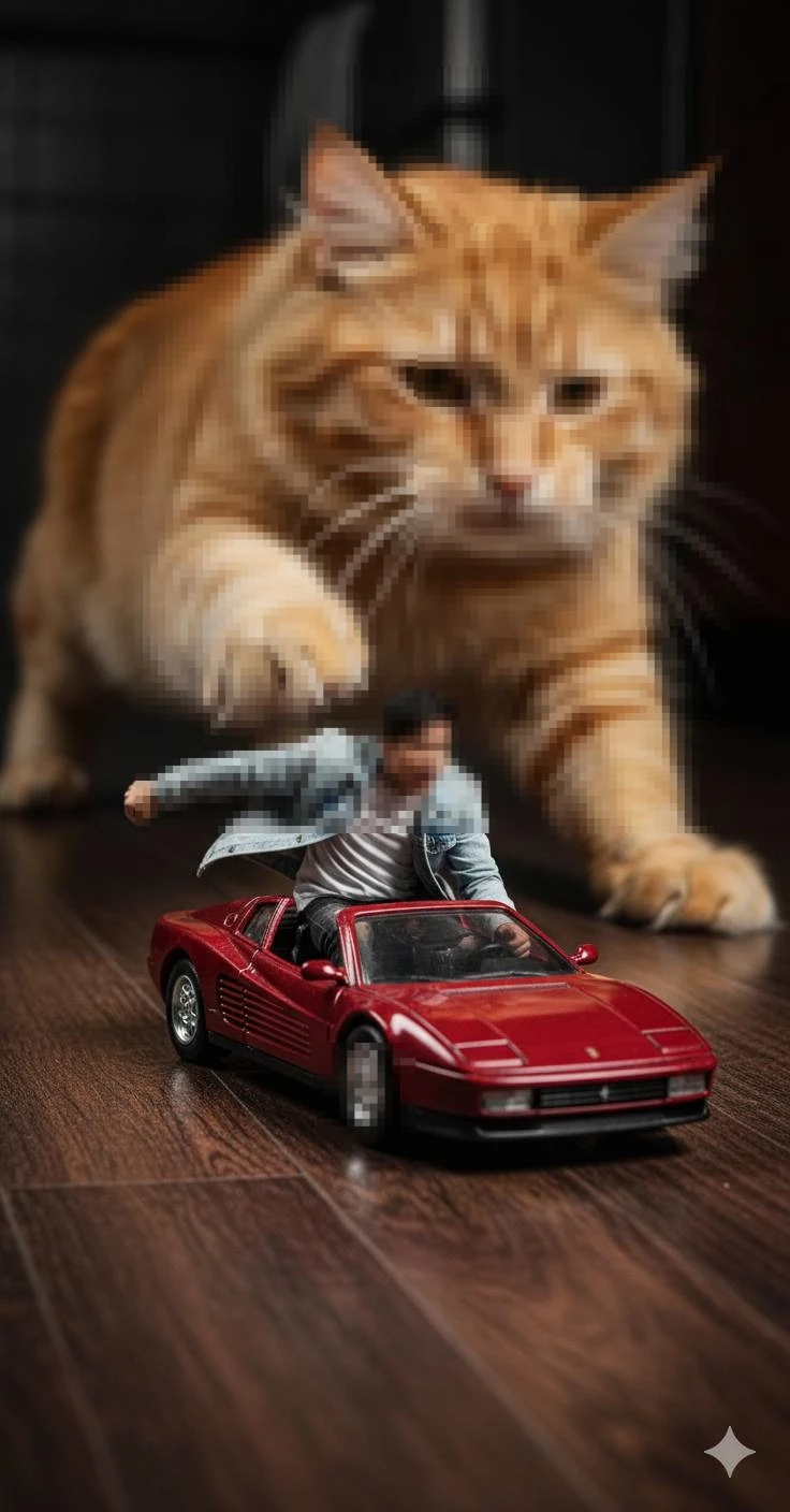 Tiny Man Driving Red Sports Car While Giant Cat Reaches to Catch Him
