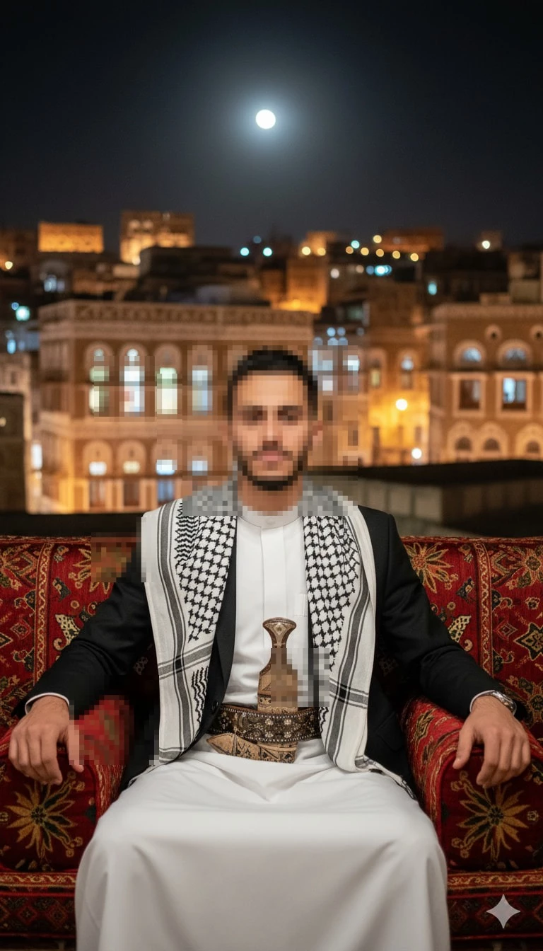 Traditional Middle Eastern Man in Cultural Attire Under the Full Moon