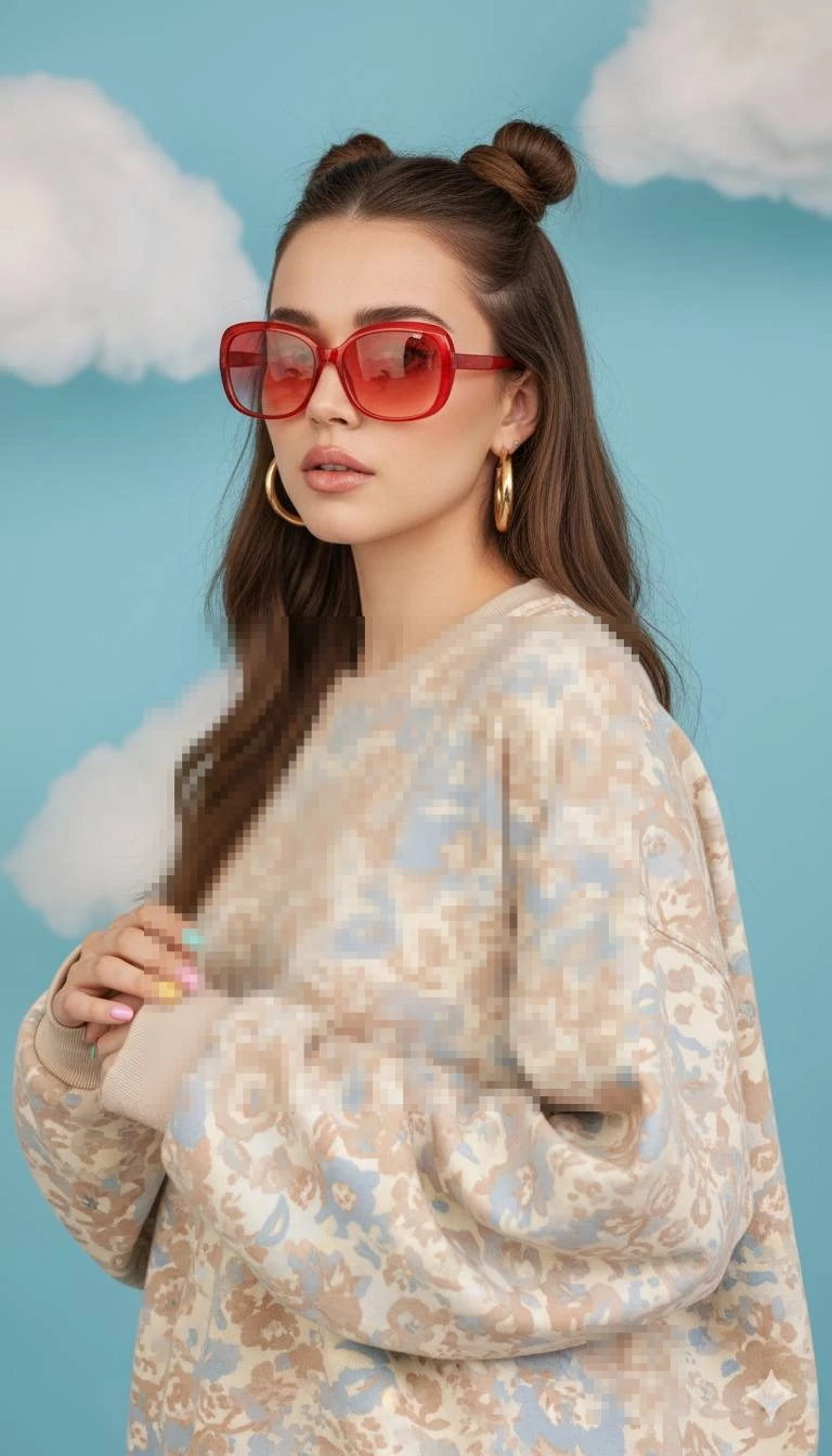 Trendy woman in floral sweatshirt and red sunglasses posing against blue sky background