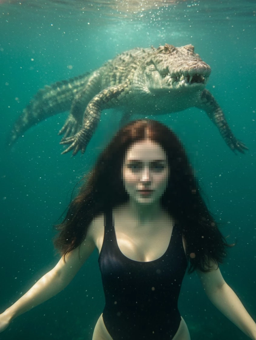 Underwater Woman Swimming with Crocodile in Dramatic Cinematic Scene
