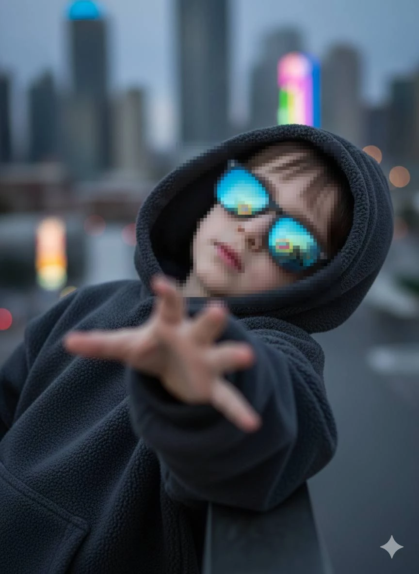Urban Night Portrait of a Child in Reflective Sunglasses with City Lights