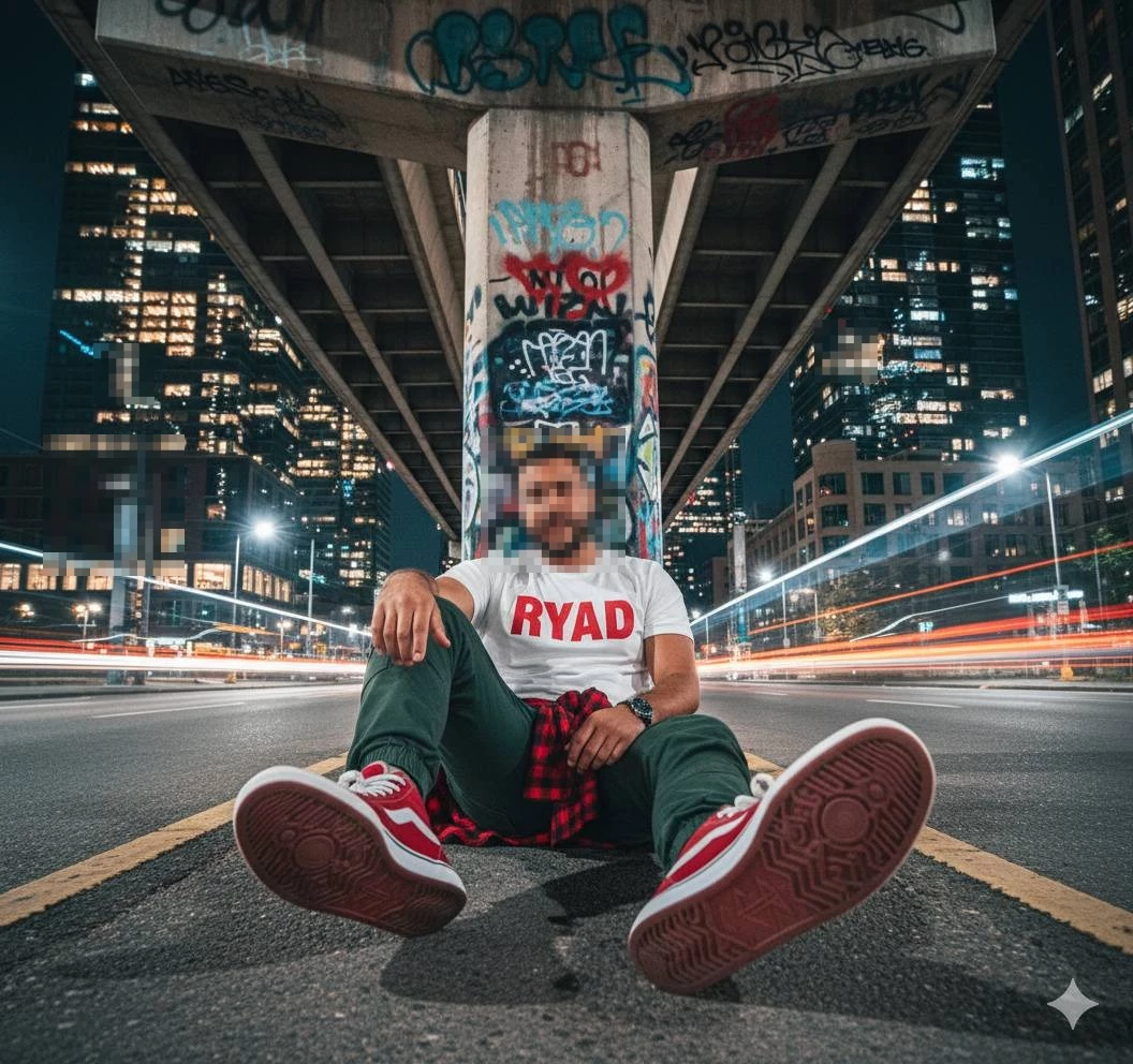 Urban Night Portrait of Man Sitting Under Graffiti Bridge with City Lights